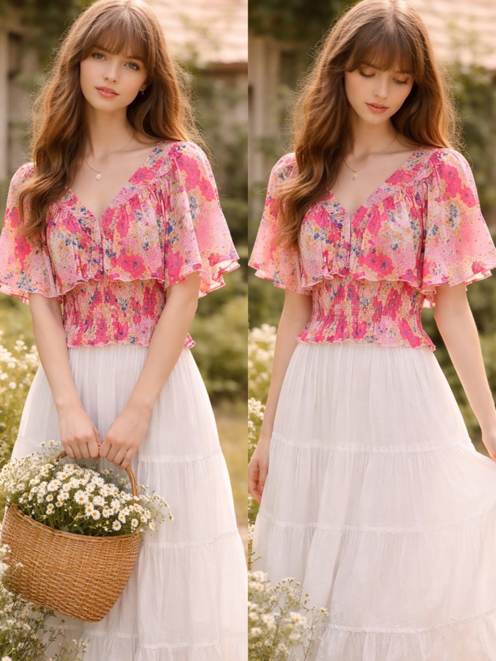 Gilner Farrar Cottagecore Floral Smocked Ruffle sleeve Stevie Blouse Size M